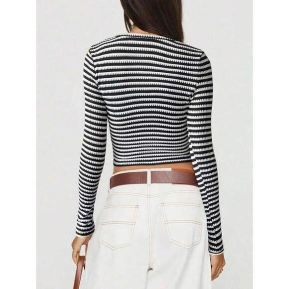 Women's Striped Knit Tops Casual Slim Fit Stylish Square Neck Long Sleeve Crop T - Picture 6 of 7